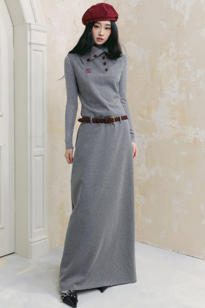 Polo Neck Gray Long Dress Set-up