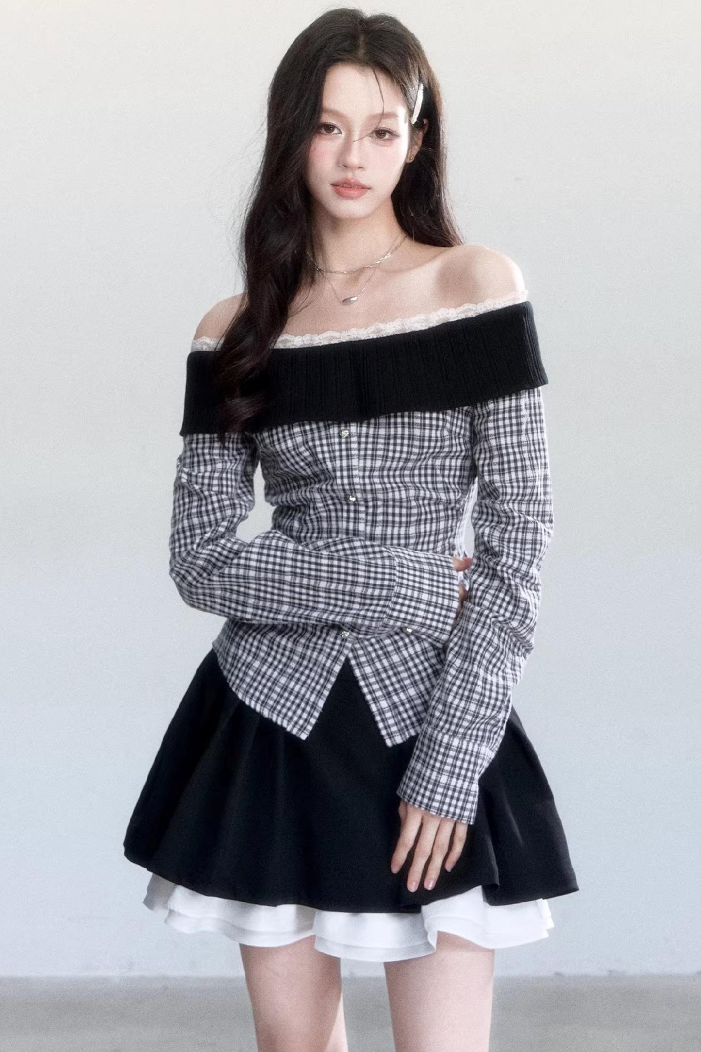 Plaid Off-Shoulder Slim Fit Shirt