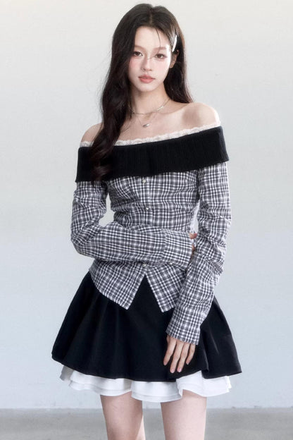 Plaid Off-Shoulder Slim Fit Shirt