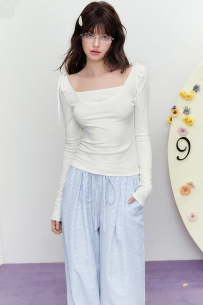 Korean Slim Tie Shoulder Top