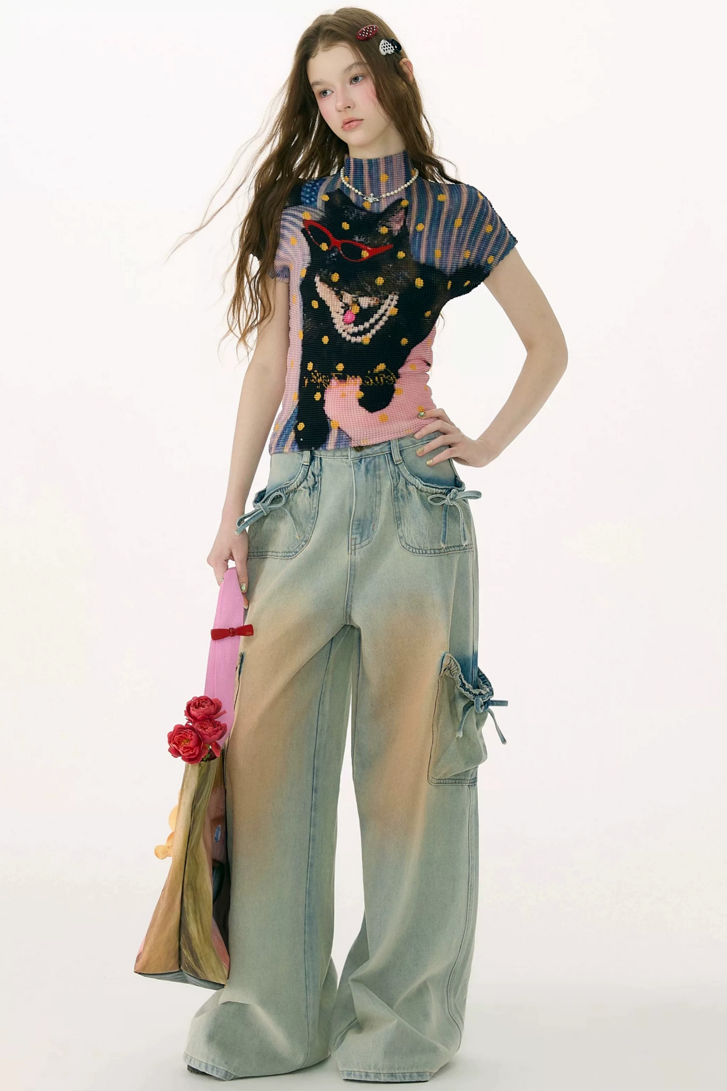 High-Waisted Bow-Knot Wide-Leg Denim Pants