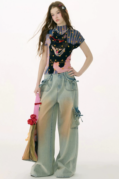 High-Waisted Bow-Knot Wide-Leg Denim Pants