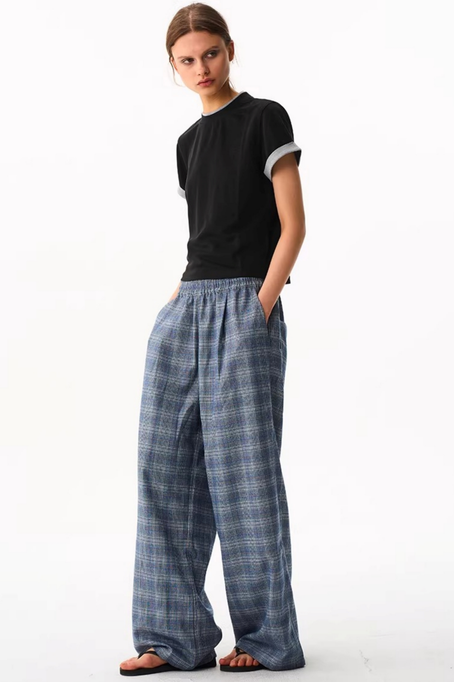 Blue Plaid Wide-Leg Pants