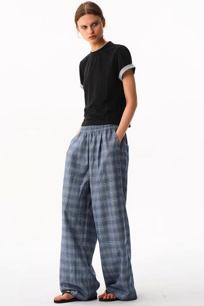 Blue Plaid Wide-Leg Pants