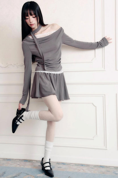 Green Lace Knit Top Skirt Set-Up