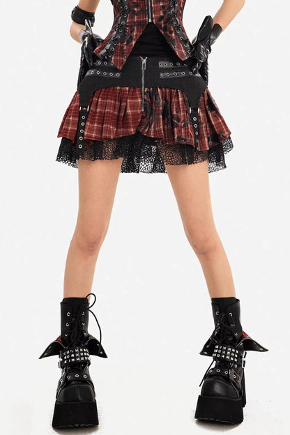 Dark Red Plaid Camisole Skirt Set-Up