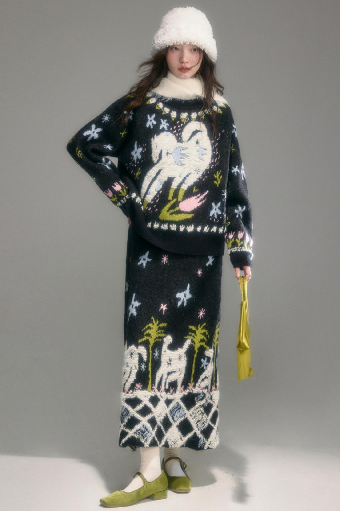 Animal Jacquard Wool Top & Skirt Set-Up