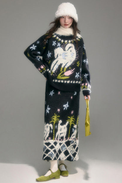 Animal Jacquard Wool Top & Skirt Set-Up