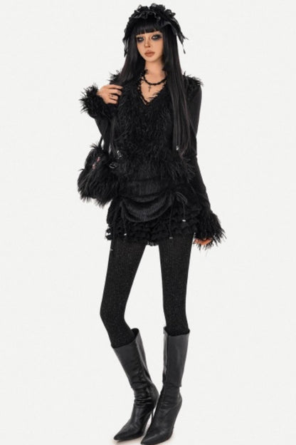 Black Furry Knit Cardigan