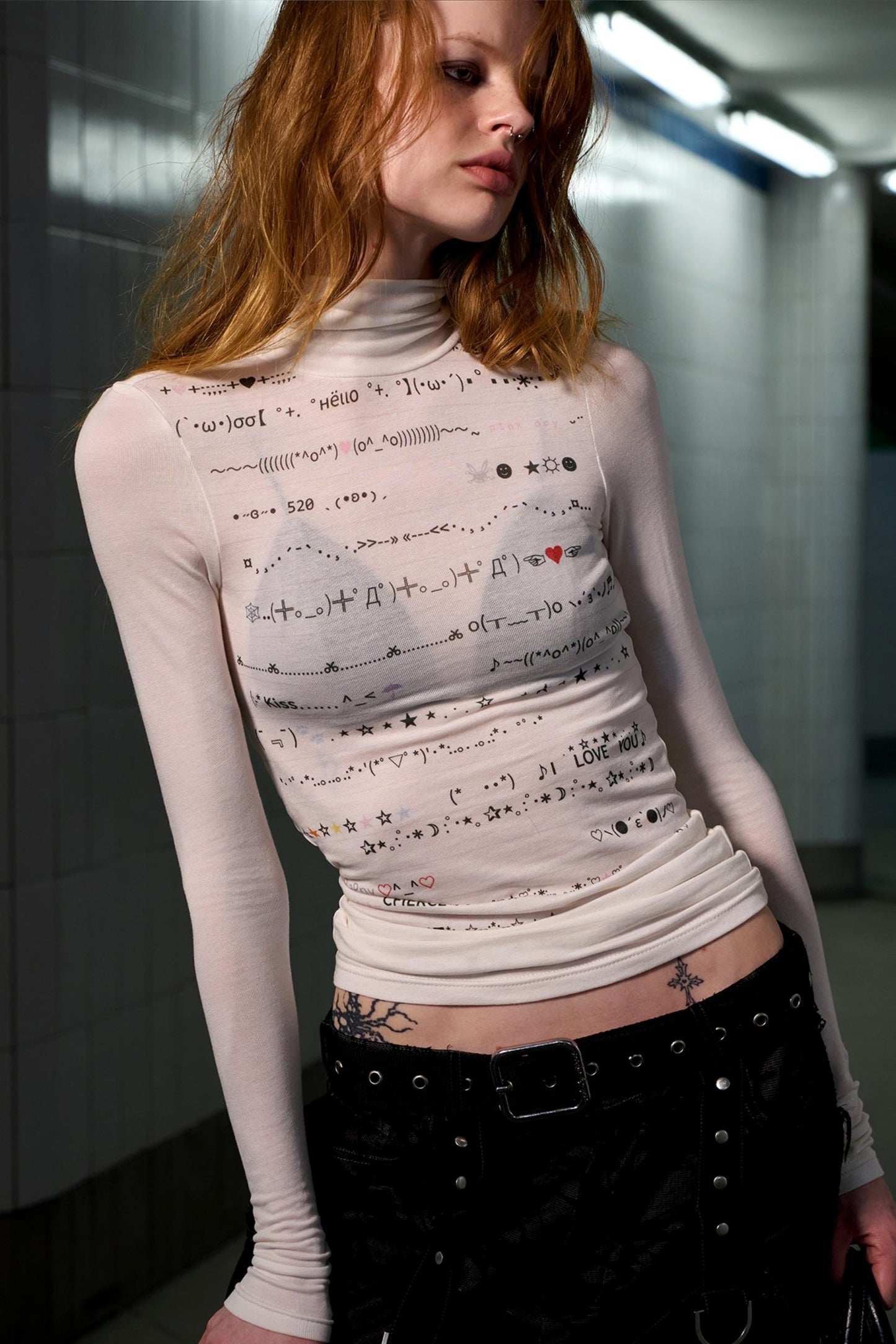 Wool Blend Striped Turtleneck Top