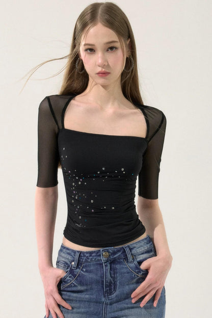 Mesh Splicing Rhinestone Top