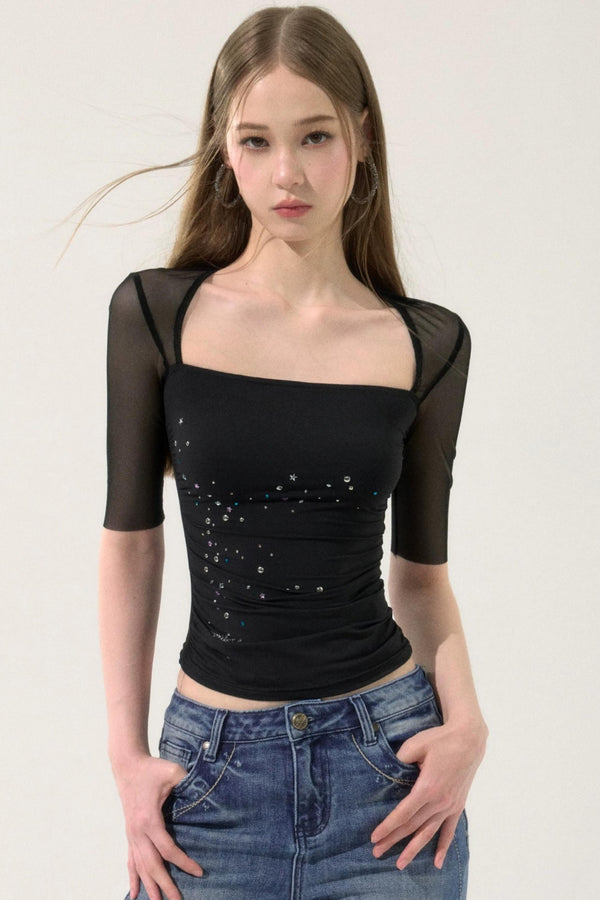 Mesh Splicing Rhinestone Top