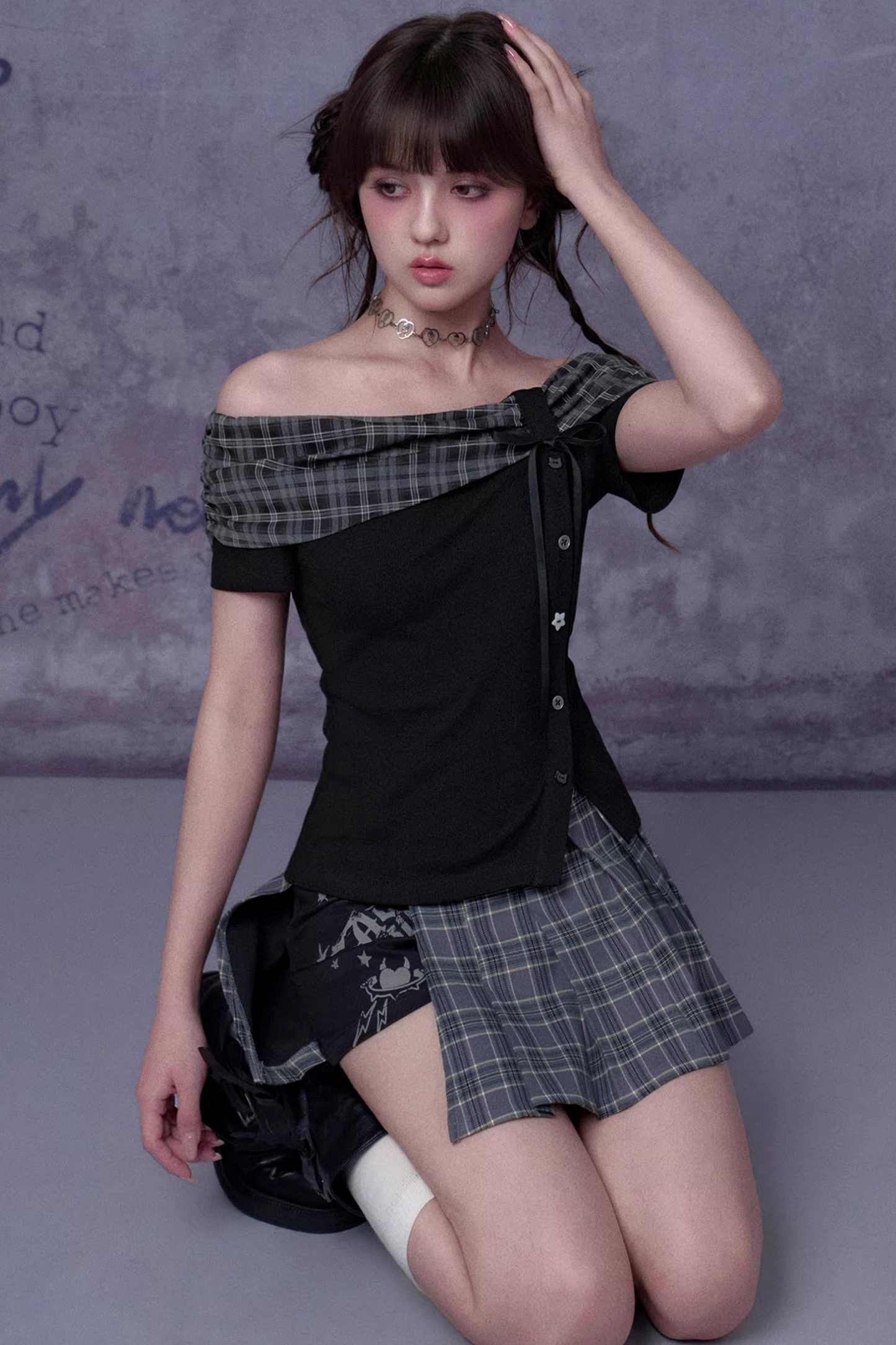 Plaid Graffiti Pleated Skirt Set-Up