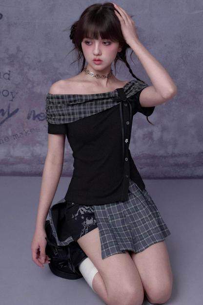 Plaid Graffiti Pleated Skirt Set-Up