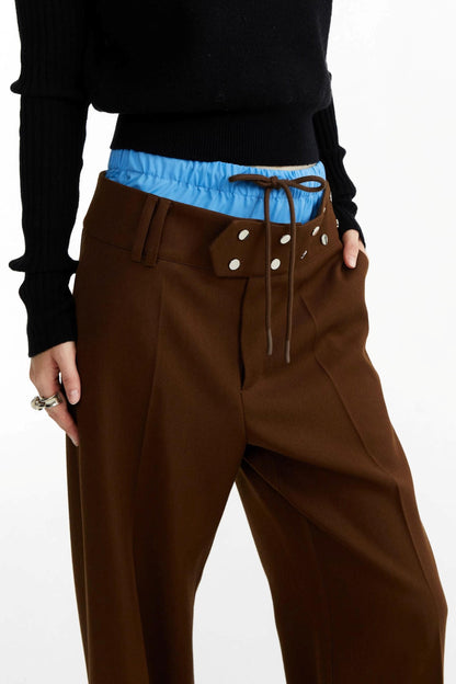 Blue and Brown Contrast Belt Decorative Pants