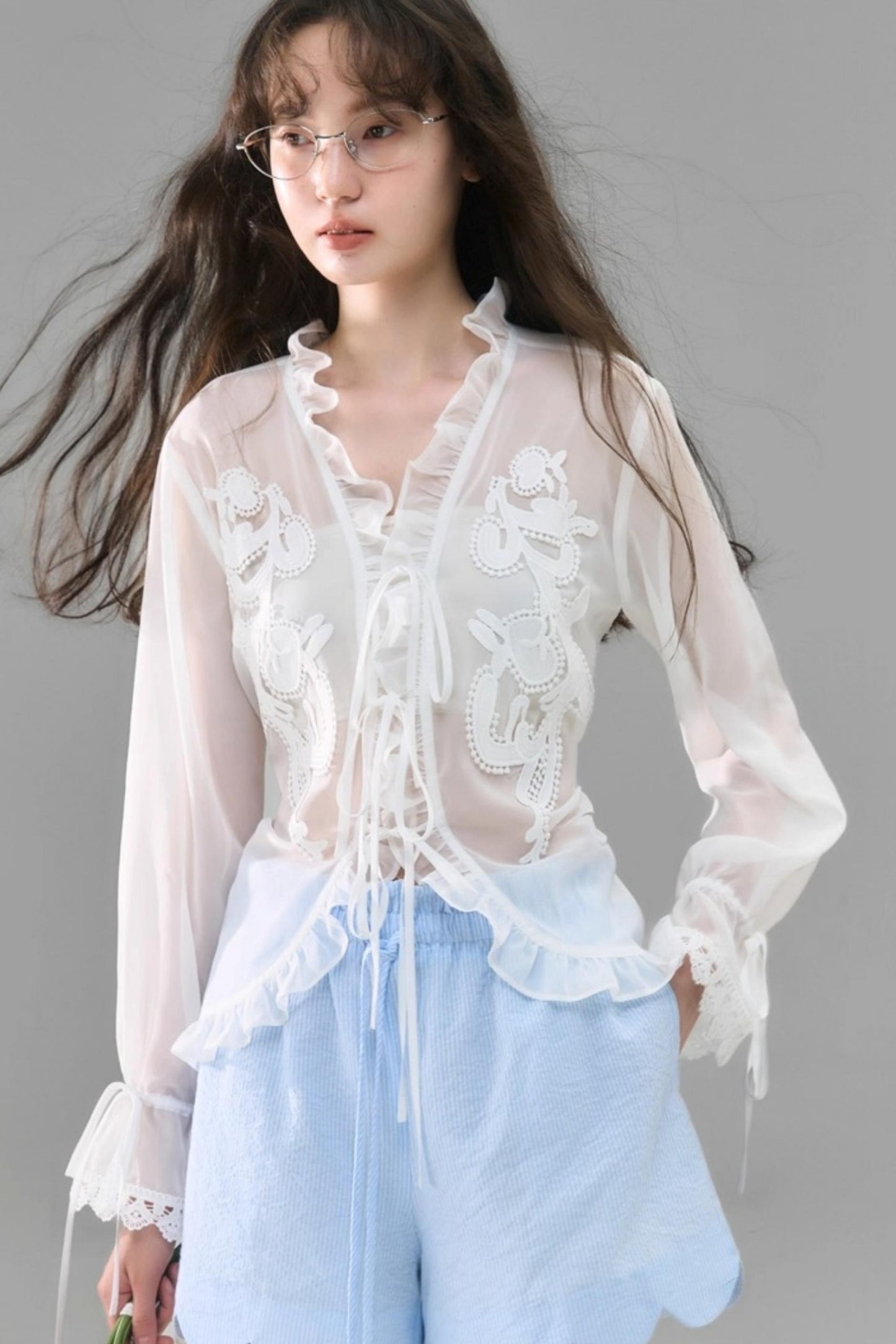 Autumn Lace-Up V-Neck Embroidered Shirt