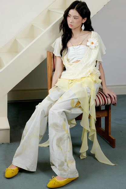 Botanical Ruffle Chiffon Wide-Leg Trousers