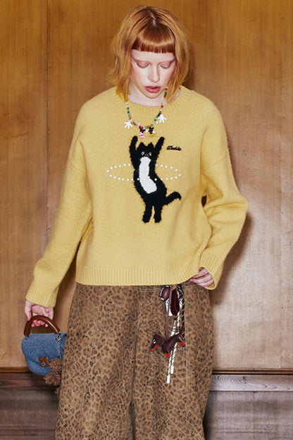 Laser Beaded Knitted Cat Top