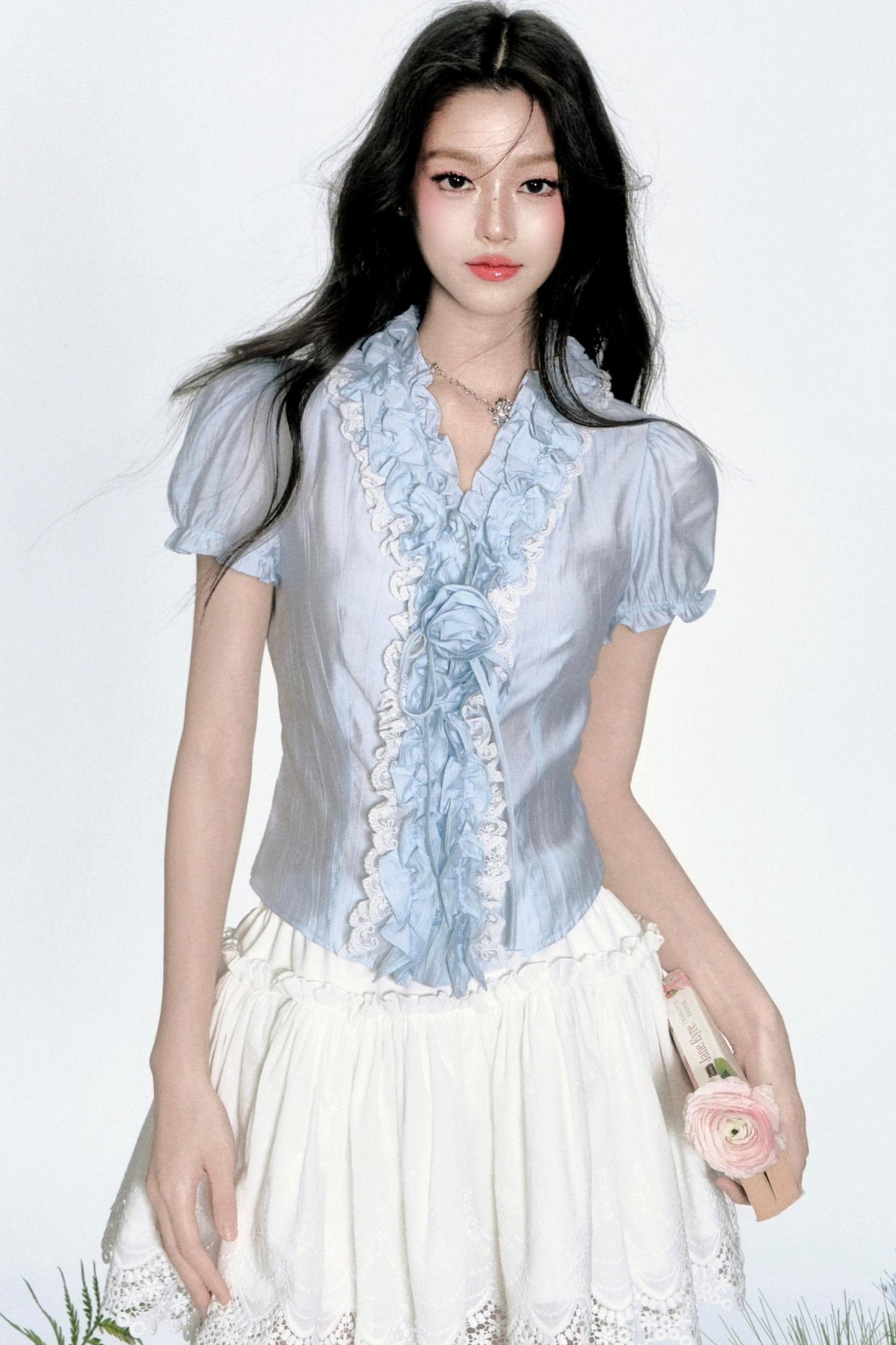 Gray Blue Floral Pleated Blouse