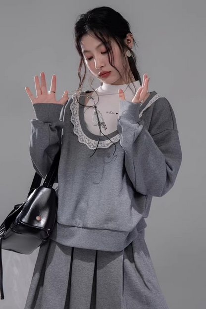 Chenwu Gray Pleated Skirt Sweatshirt Set