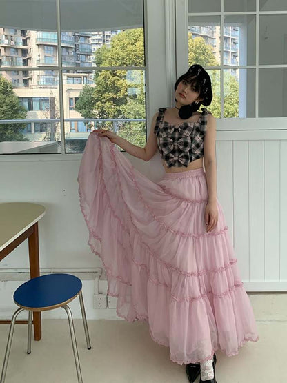 Cherry Blossoms Splice Mesh Volume Tiered Skirt