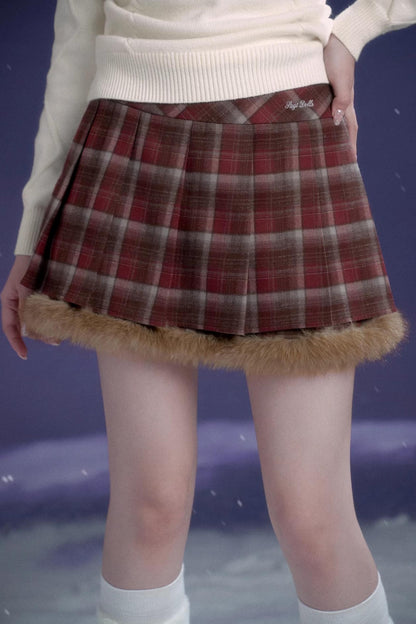 Sweet Red-Brown Plaid Skirt Set-Up