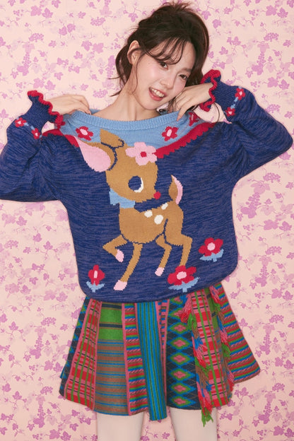 Two-Tone Deer Knit Sweater