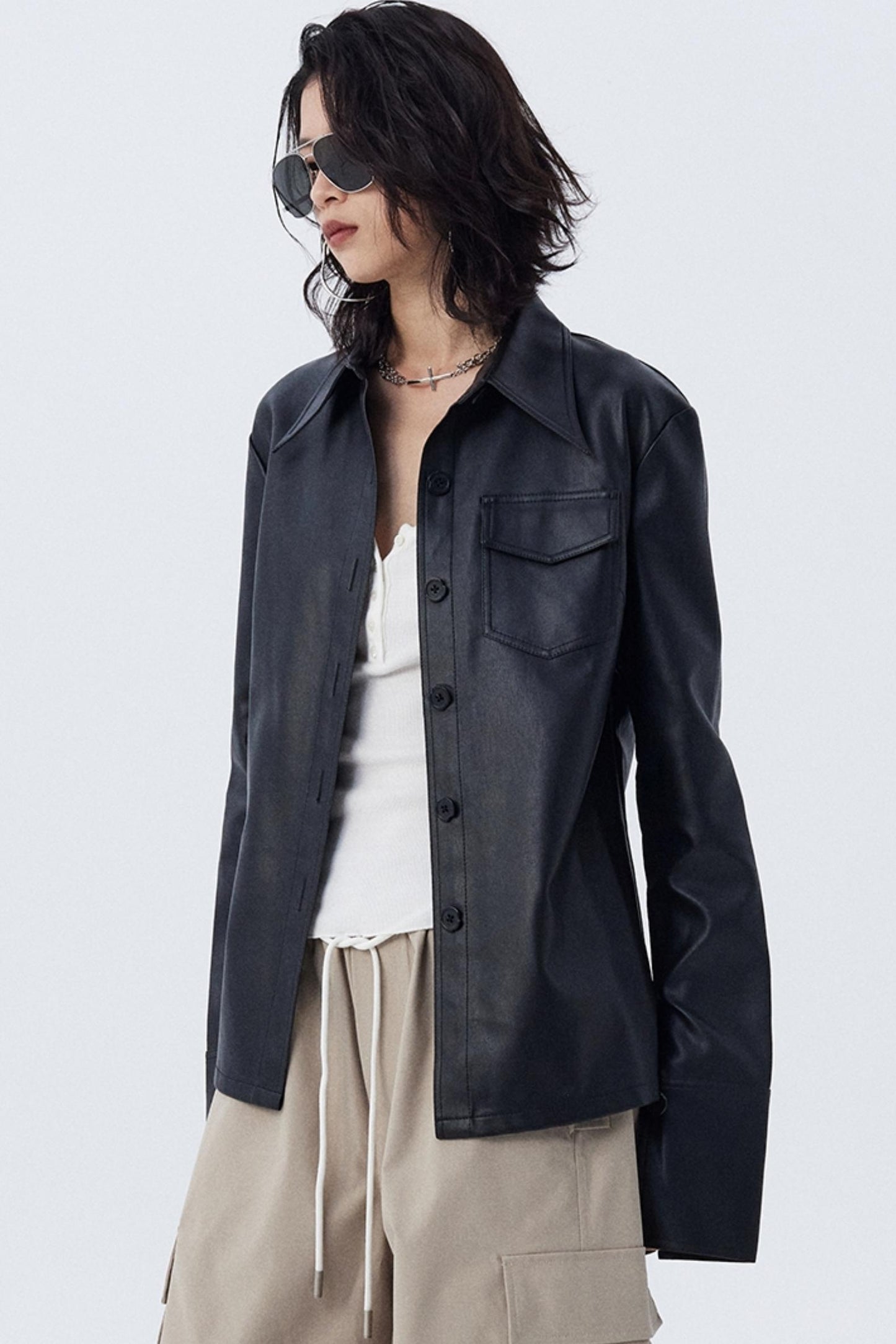 Pocket Detail Leather Biker Coat