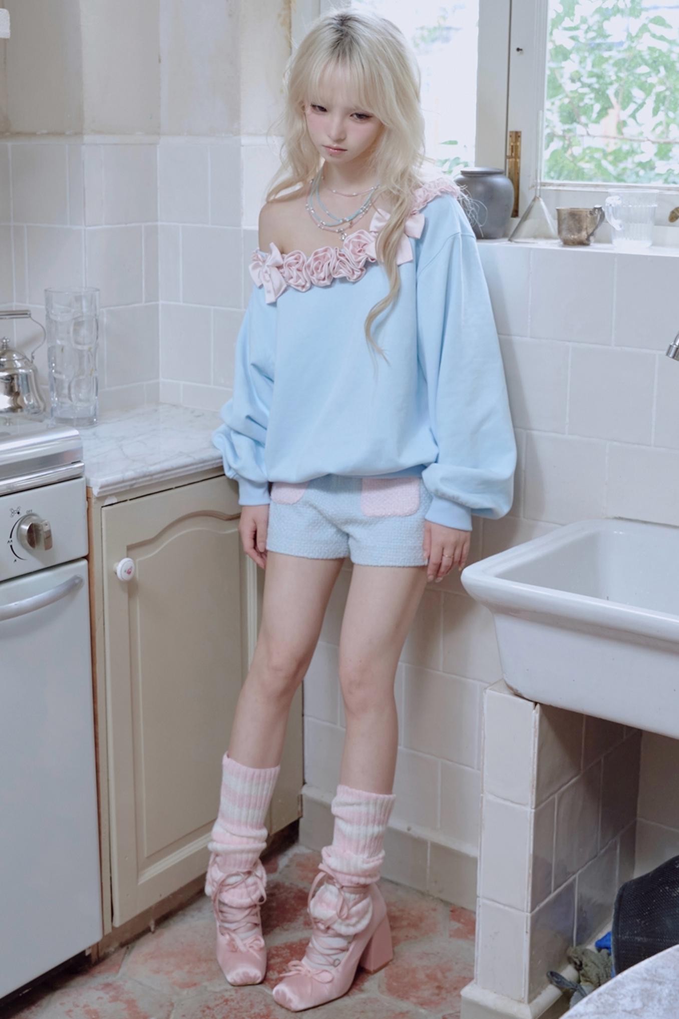 Pink Satin Rose Stitched Blue Top