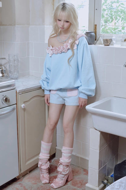 Pink Satin Rose Stitched Blue Top