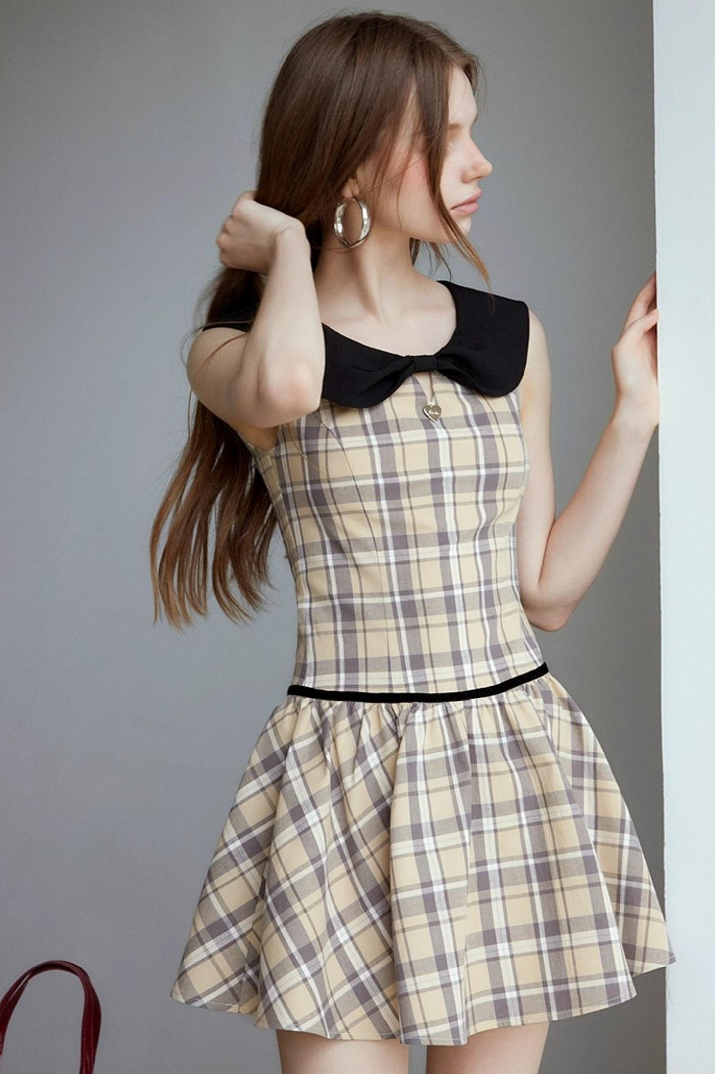 Plaid Contrasting Doll Neck Puffy Dress