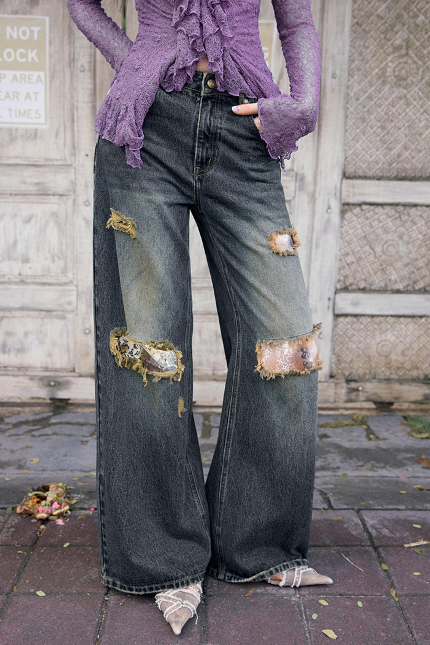 Retro Lace Detail Denim Jeans