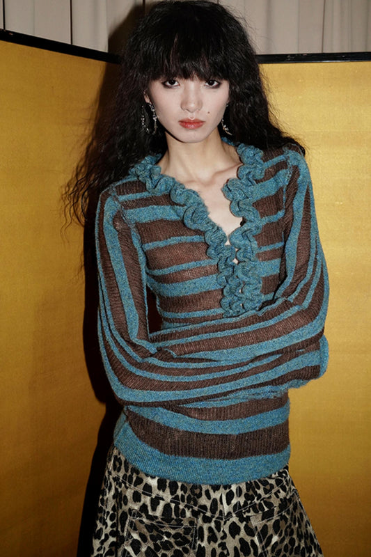 Fungus-Trimmed Striped Wool Knit Top