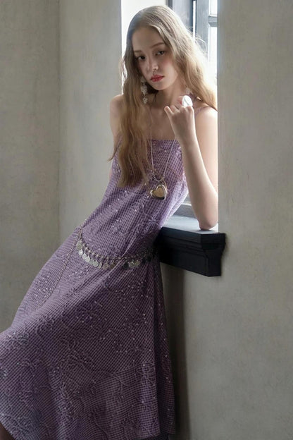 Sequin Embroidered Plaid Dress