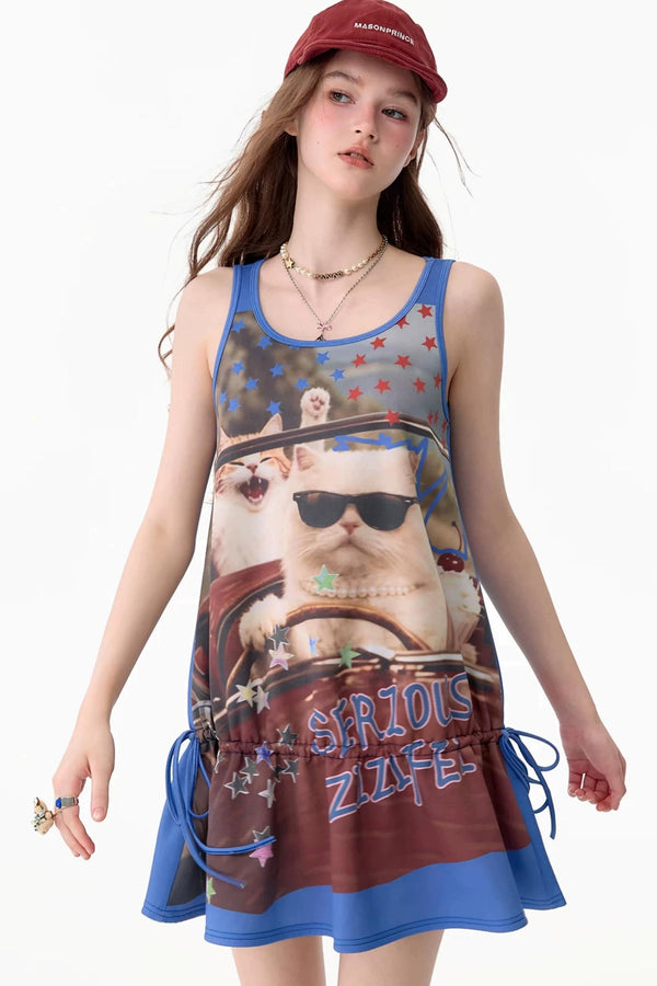 Retro Cat Print Street Blue Vest Dress