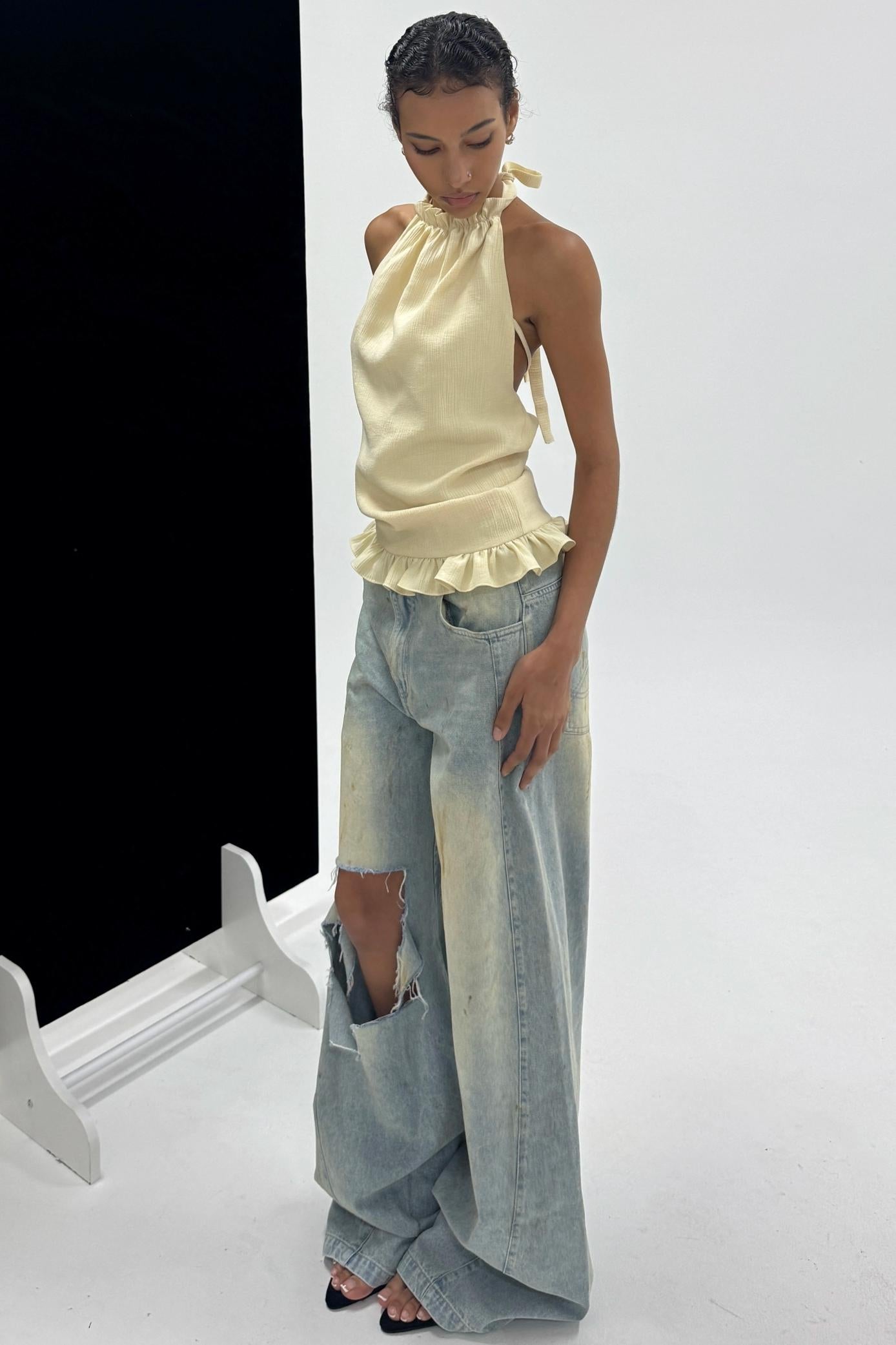 Wool Halterneck Ruffle Camisole Top