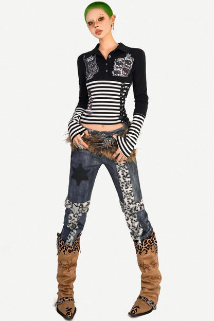 Light Punk Striped Patchwork Long Sleeve T-Shirt