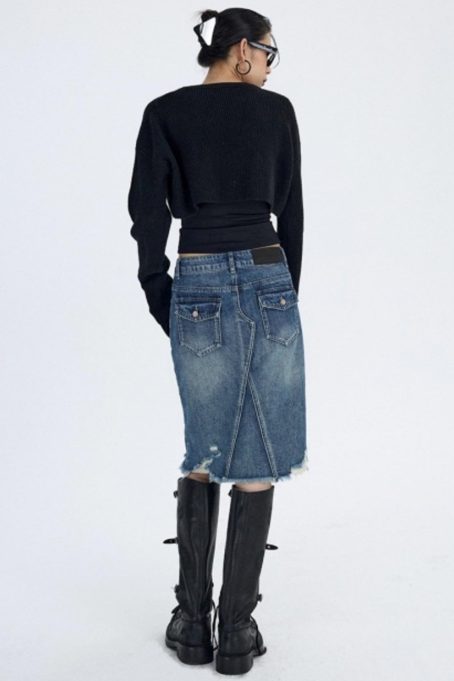 Retro Blue Distressed Denim Skirt