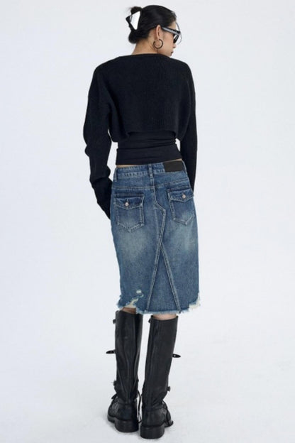 Retro Blue Distressed Denim Skirt