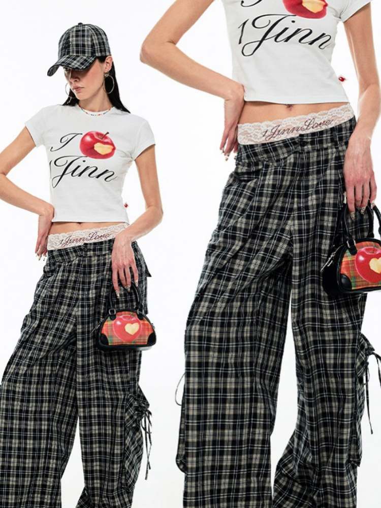 Gradient Plaid Pattern Wide Leg Cargo Pants