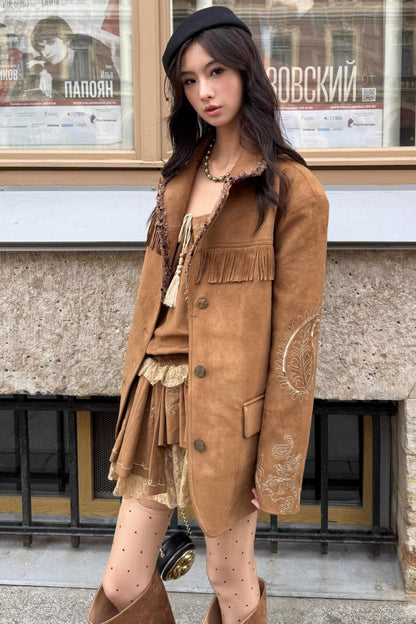 Sweet Bohemian Embroidery Fringed Blazer Set-Up