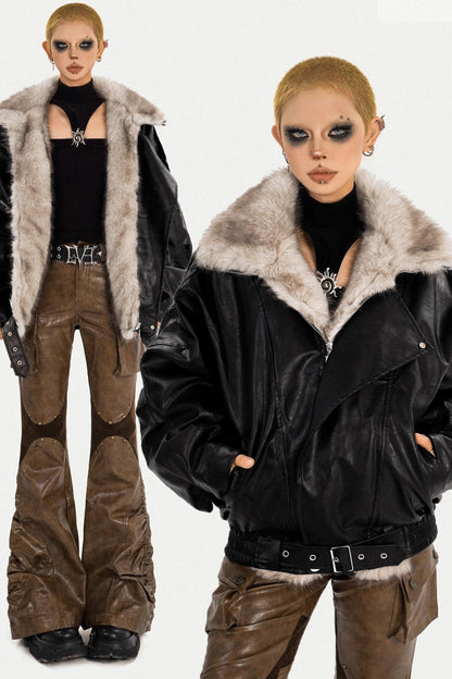 Thickened Pu Leather Fur Collar Jacket