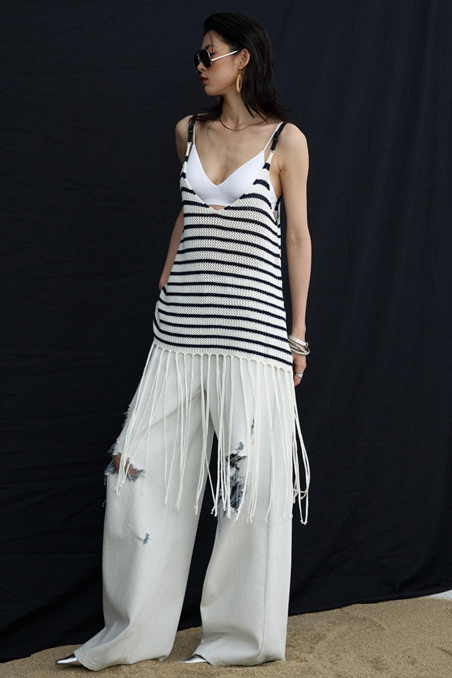 Summer Jacquard V-Neck Leather Hem Vest