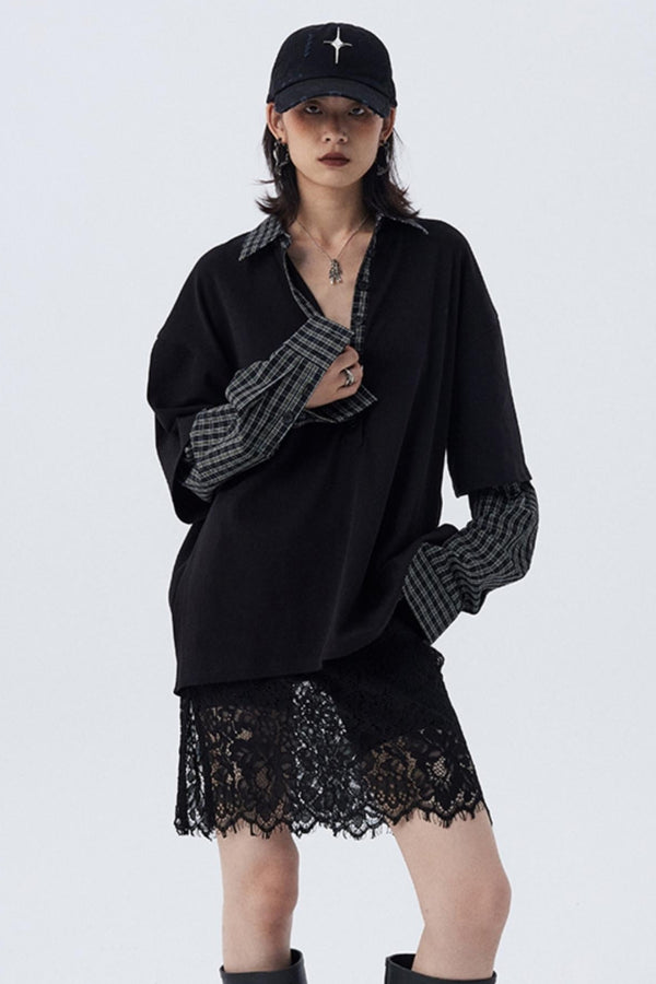 Chic Checkered Polo Neck Long Sleeve Top for Women