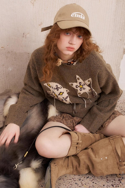 Star Fringe Long Sleeve Knit Pullover Top