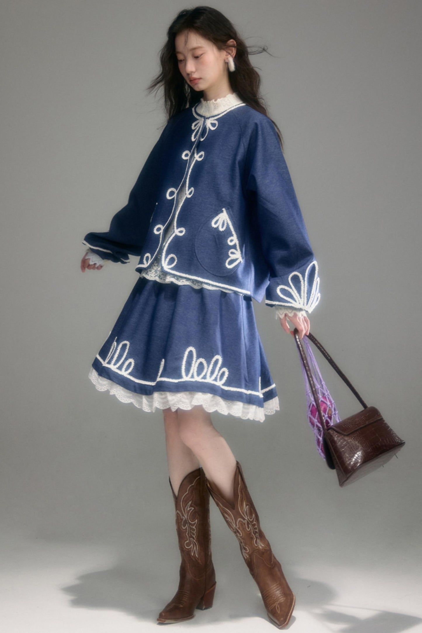 Embroidered Patchwork Denim A-Line Skirt