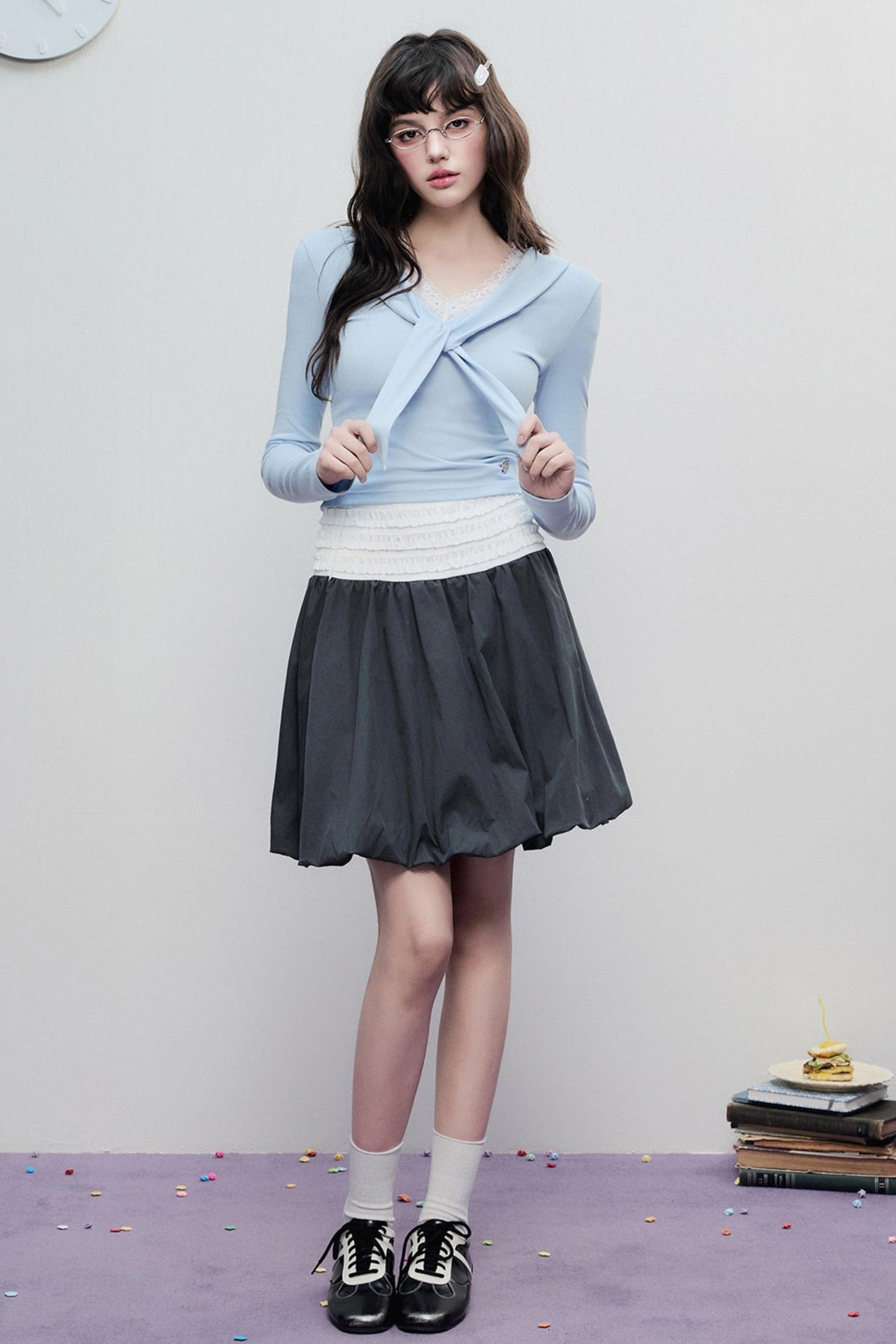 Korean Lace Trim Tie Neck Sweater
