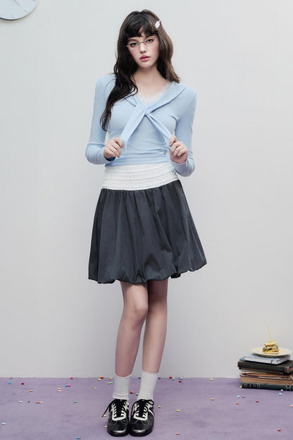 Korean Lace Trim Tie Neck Sweater