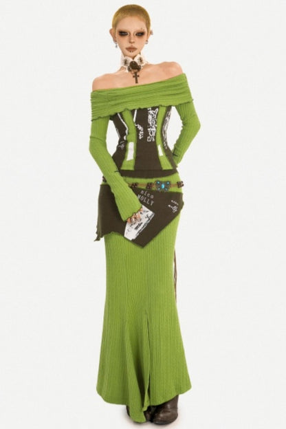 Green Off-Shoulder Top Skirt Set-Up
