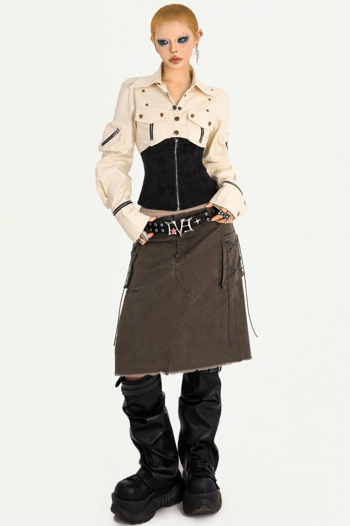 Cool Waist Design Zipper Long Sleeve Top